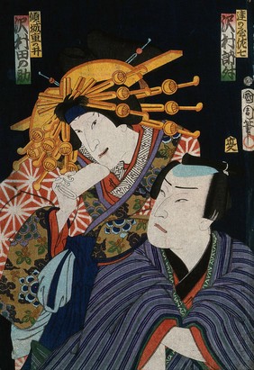 Actors Sawamura Tanosuke as a courtesan and Sawamura Tossho as her lover. Colour woodcut by Kunichika, 1868.