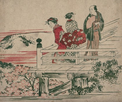 Japan: two women and a man looking from a balcony at Kiyomizu Temple, Kyoto. Colour woodcut, ca. 1900.