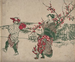 view Japan: a woman and a boy returning from a shrine, amused and startled to see drunk man dancing in the street. Colour woodcut, ca. 1900.