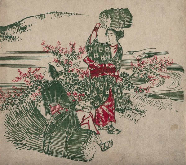 Japan: two women from Ohara village near Kyoto having a rest while carrying firewood into the city. Colour woodcut, ca. 1900.