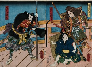 view Actors on a bridge at night: two heavily armed warriors (Yoroku and Usumaru) confront a youth (Saraka-maru). Colour woodcut by Kunisada I, 1857.