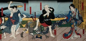 view Actors in a confrontation by a river from a contemporary drama. Colour woodcut by Kunisada II, 1857.