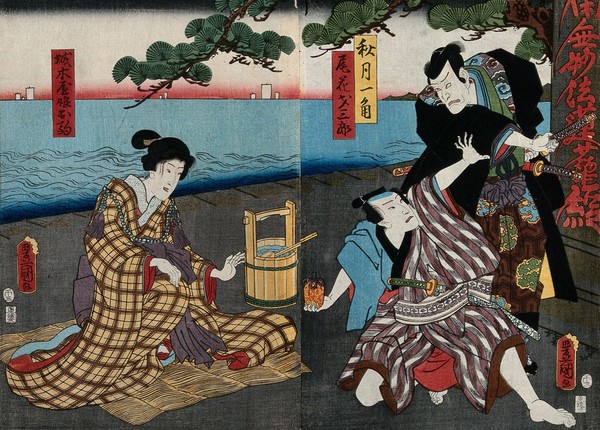 Three actors in a confrontation before a gravestone by the sea. Colour woodcut by Kunisada I, 1858.