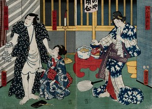 view Three actors in a scene from a contemporary drama. Colour woodcut by Kunisada II, 1857.