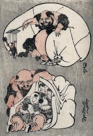 view Above, a man with a closed sack operates a string puppet; below, the man opens the sack to reveal children inside. Colour woodcut, 18--.