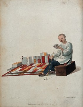 A Chinese bookseller seated on a box in the street, reading in front of his books. Coloured stipple engraving by J. Dadley after Pu-Qua.