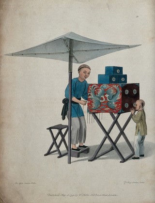 A Chinese magic lantern show. Coloured stippled engraving by J. Dadley after Pu-Qua.