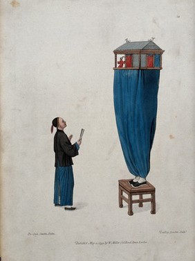 A Chinese puppeteer standing on a stool, with a miniature stage balanced above him, body screened, except for feet, entertaining a boy in the street. Coloured stipple engraving by Dadley after Pu-Qua.