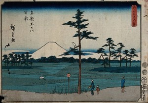 view Mount Fuji seen from Kinegawa, a village on the far east side of Edo. Colour woodcut by Hiroshige, 1852.