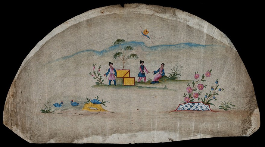 A design for a fan depicting a pastoral scene with Chinese figures. Watercolour painting by a Chinese artist.