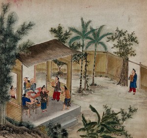 view Two women from Formosa have a conversation in front of a thatched cottage on stilts. Painting by a Taiwanese artist, ca. 1850.