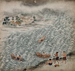 view Formosan tribal peoples boating on a lake. Painting by a Taiwanese artist from around 1850.