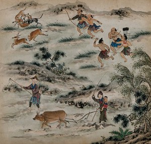 view Aboriginal peoples of Formosa engaged in hunting deer and ploughing the field. Painting by a Taiwanese artist from around 1850.