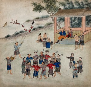 view Aboriginal peoples of Formosa engaged in a tribal dance. Painting by a Taiwanese artist from around 1850.