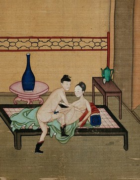 A Chinese man and woman making love in a sparsely decorated room. Gouache painting.