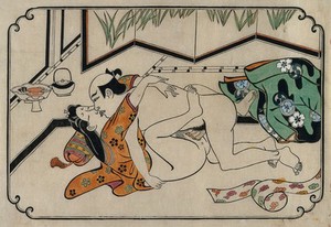 view A middle-aged couple making love. Coloured reproduction of a woodcut by Moronobu, ca. 1680s.