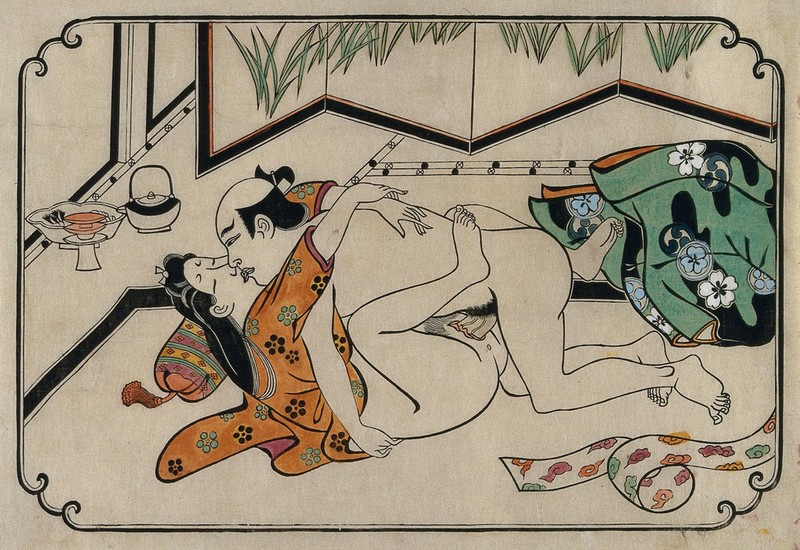 A middle-aged couple making love. Coloured reproduction of a woodcut by Moronobu, ca. 1680s., [168?-], by Hishikawa Moronobu