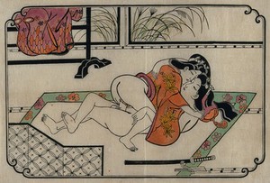 view A young couple making love, woman above. Coloured reproduction of a woodcut by Moronobu, ca. 1680s.
