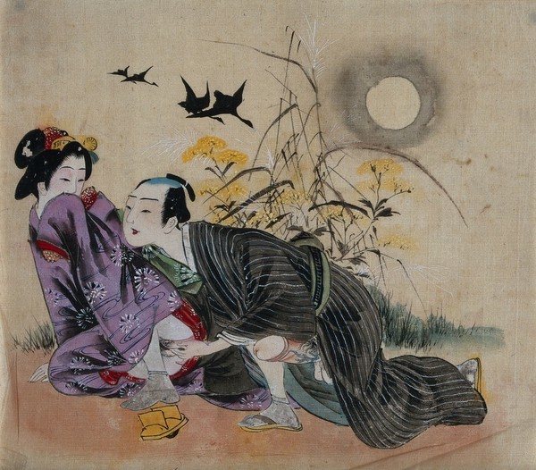 A man seducing a woman beneath an autumn moon. Gouache painting.