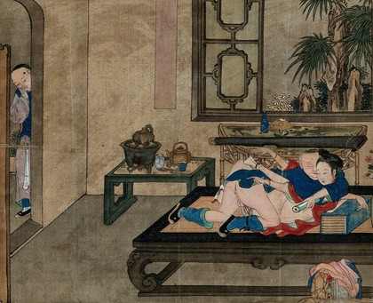 A man and a woman making love in a well-appointed room, while a boy looks on from the next room. Gouache painting.