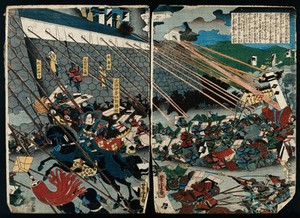 view Attackers hit by a barrage of fire from a castle. Colour woodcut by Yoshitora, 1859.