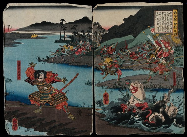 A confrontation on a shore, the samurai has leaped from his horse which has fallen in the mud; others fight behind him. Colour woodcut by Yoshitora.