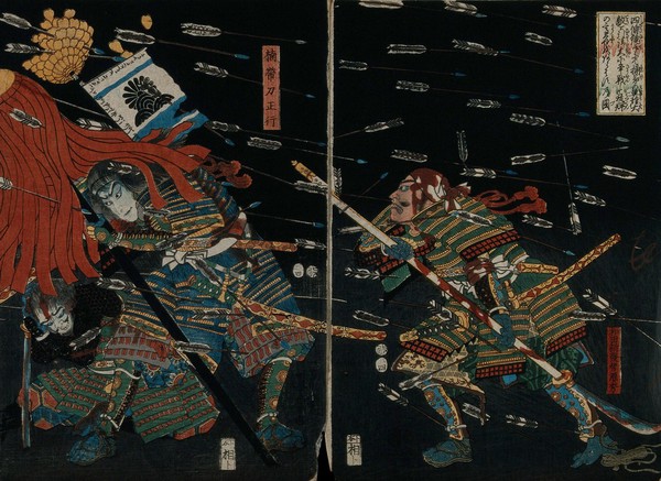 Samurai in a hail of arrows, sheltering beneath a battle standard, in a desperate last stand. Colour woodcut by Kuniyoshi, 1857.