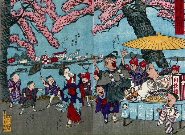 The Mukōjima embankment: a street vendor sells articles to caricatures of contemporary figures under the cherry blossom; on the river, boats carrying Japanese students convey Western ideas. Colour woodcut by Kobayashi Kiyochika, 1883.