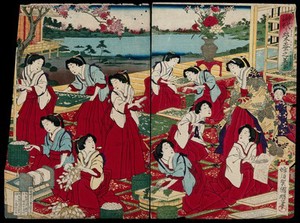 view Court ladies producing silk under the supervision of the empress; their tasks include preparing eggs, chopping mulberry leaves, feeding caterpillars and unwinding cocoons. Colour woodcut by Kuniaki II, 1883.