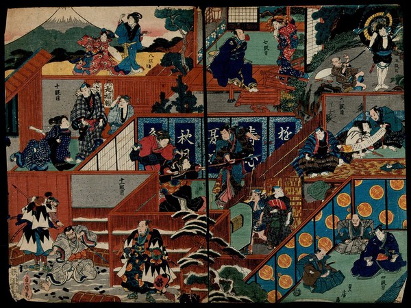 The play 'The treasury of loyal retainers': Scenes four to eleven. Colour woodcut by Sadafusa, ca. 1830.