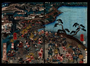view Samurai directing foot soldiers as they build up shore defences. Colour woodcut by Yoshitora, 1847/1850.
