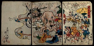 view A large octopus is encircled by a huge rosary held by various bizarre creatures. Colour woodcut by Kyōsai, 1864.