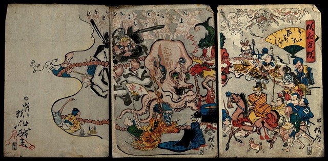 A large octopus is encircled by a huge rosary held by various bizarre creatures. Colour woodcut by Kyōsai, 1864.