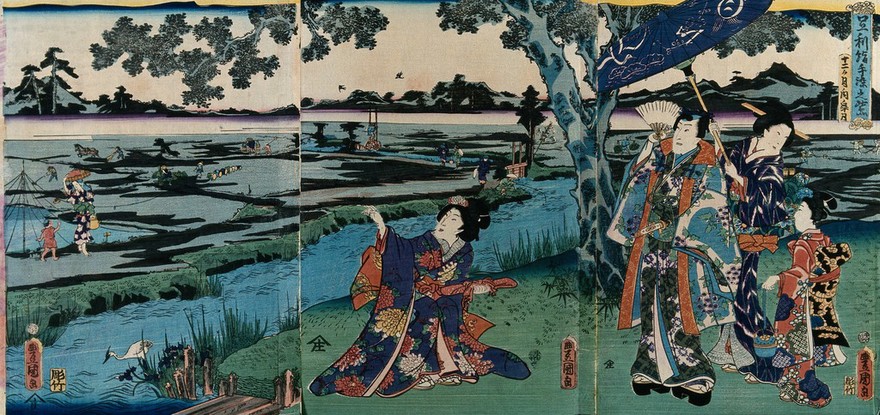 Prince Genji in modern dress with lady attendants visiting Ashikaya (north Kantō Plain) in the fifth lunar month; peasants in the broad, panoramic landscape setting are busy with the spring planting. Colour woodcut by Kunisada, 1860.