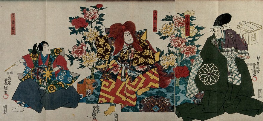 Actors in formal dress in a courtly setting: the figure of Nakamura IV wears a long, red lion wig; the boy to the left plays a drum; the man to the right holds an offering tray with a petition on it. Colour woodcut by Kunisada I, 1847/1850.