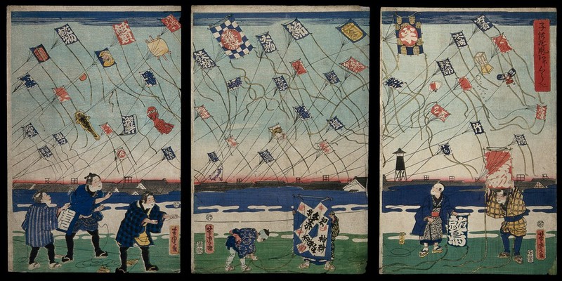 Kite-flying at a boys' festival in early spring. Colour woodcut by Yoshitora, 1865., 1865, by Utagawa Yoshitora