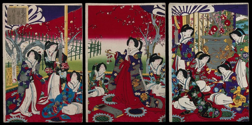 Empress and court ladies in traditional formal dress on an outing to Kameido plum tree gardens to the east of Tokyo, to view the plum blossoms and write poems about them. Colour woodcut by Chikashige, 1878.