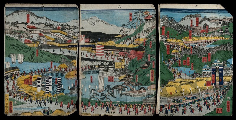 A panorama of the Tōkaidō highway showing a shogunal procession. Colour woodcut by Yoshitora, 1864., 1864, by Utagawa Yoshitora