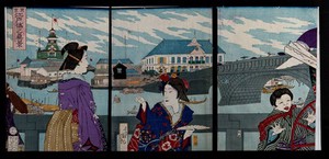 view People standing on a bridge in Edo as a rickshaw passes by. Colour woodcut by Kiyochika, 1876.
