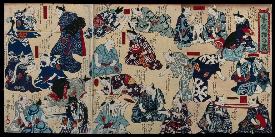 Cats in human dress playing a variety of games, including arm wrestling and tug of war. Colour woodcut by Kunimasa IV, 1870s.