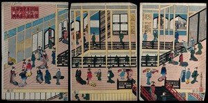 view Interior of Iwakame House, Yokohama Minatosaki licensed pleasure district: Western visitors are shown being entertained in a back room. Colour woodcut by Yoshikazu, 1860.