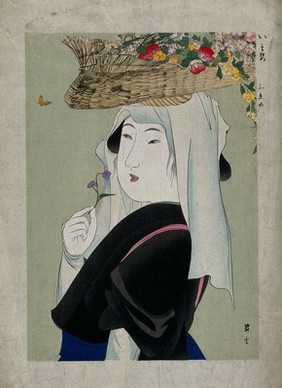 A woman as Ohara-me, of the Ohara village outside Kyoto, who carries a load of cut flowers on her head, attracting a butterfly. Colour woodcut by Yamamoto Shōun, 1906.