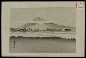 view A mountain landscape beyond a river. Woodcut by Gekko, early twentieth century.