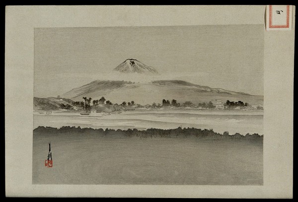 A mountain landscape beyond a river. Woodcut by Gekko, early twentieth century.