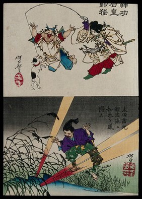 Japanese and Chinese legends: (top) a legendary Japanese empress catching a cat with the rod of a laughing Chinese Fisherman God of good fortune; (bottom) another scene from Japanese legend, the apparition in the pond. Colour woodcut by Yoshitoshi, 1880s.