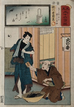 Actors as a kneeling old man, Chūsuke, offering a packet to a standing ruffian, Kirare Yosa. Colour woodcut by Kunisada I, 1856.
