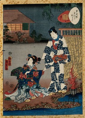 Prince Genji and a girl by a garden pond at night, standing next to a flare burning on a stand. Colour woodcut by Kunisada II, 1857.