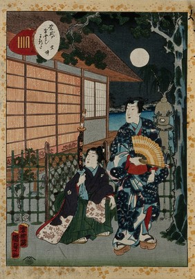 Genji and a boy attendant outside a house on a moonlit night. Colour woodcut by Kunisada II, 1857.