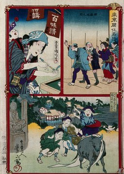 Above left, a woman with a baby on her back, preparing to smoke a pipe (?); above right, men and women walking in line; below, an ox leading peasants to the Kawaguchi temple. Colour woodcut by Kyōsai, with top left design by Kunichika and design below by a pupil of Kyōsai, ca. 1870.