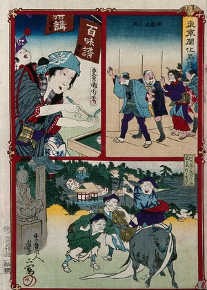 view Above left, a woman with a baby on her back, preparing to smoke a pipe (?); above right, men and women walking in line; below, an ox leading peasants to the Kawaguchi temple. Colour woodcut by Kyōsai, with top left design by Kunichika and design below by a pupil of Kyōsai, ca. 1870.